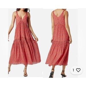 Joie Tea Rose Pink Print Sleeveless Midi Dress Tiered Cotton Size XXL